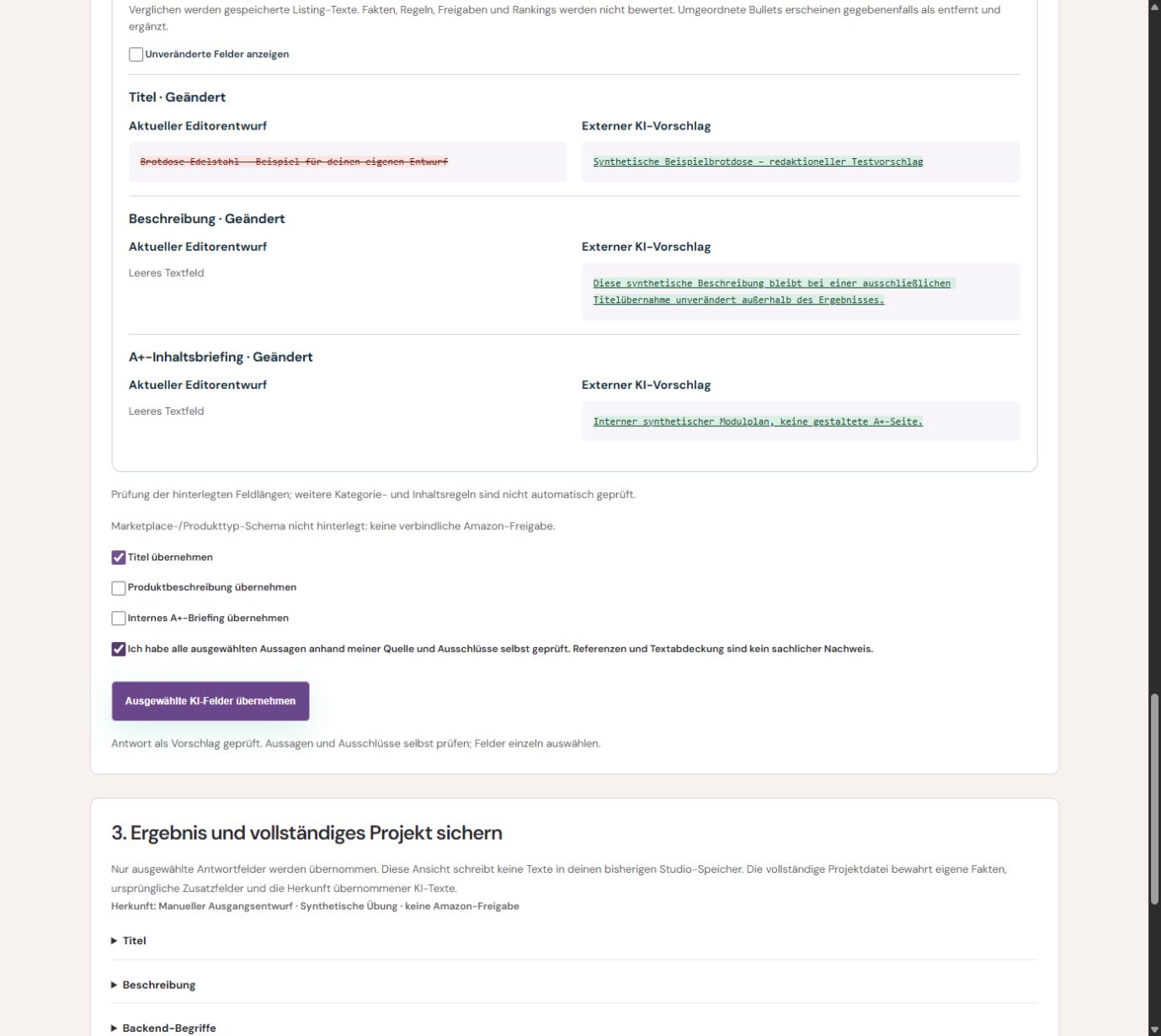 Valmerce KI-Briefing: tatsächlicher Vergleich zwischen Ausgangstext und einer handgefertigten synthetischen Übungsantwort mit einzeln wählbaren Feldern
