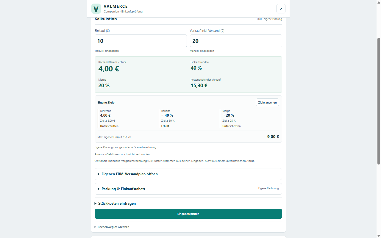 Originalausschnitt aus Companion 1.2.103: eigene Preise, Zielvergleich und maximaler eigener Einkauf
